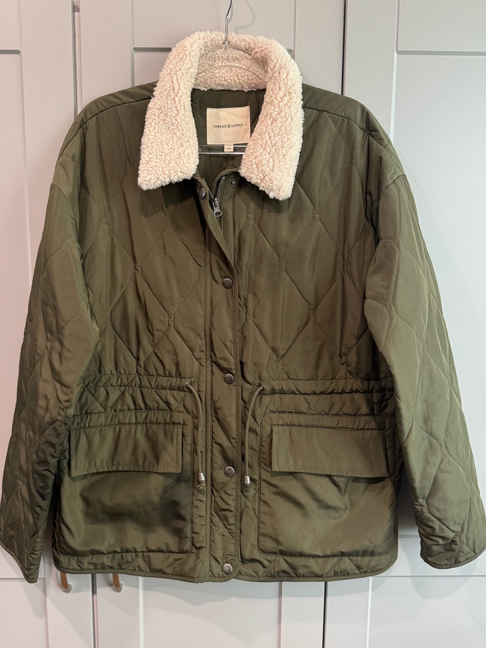 Thread & Supply Olive Quilted Jacket with Cream Sherpa Collar